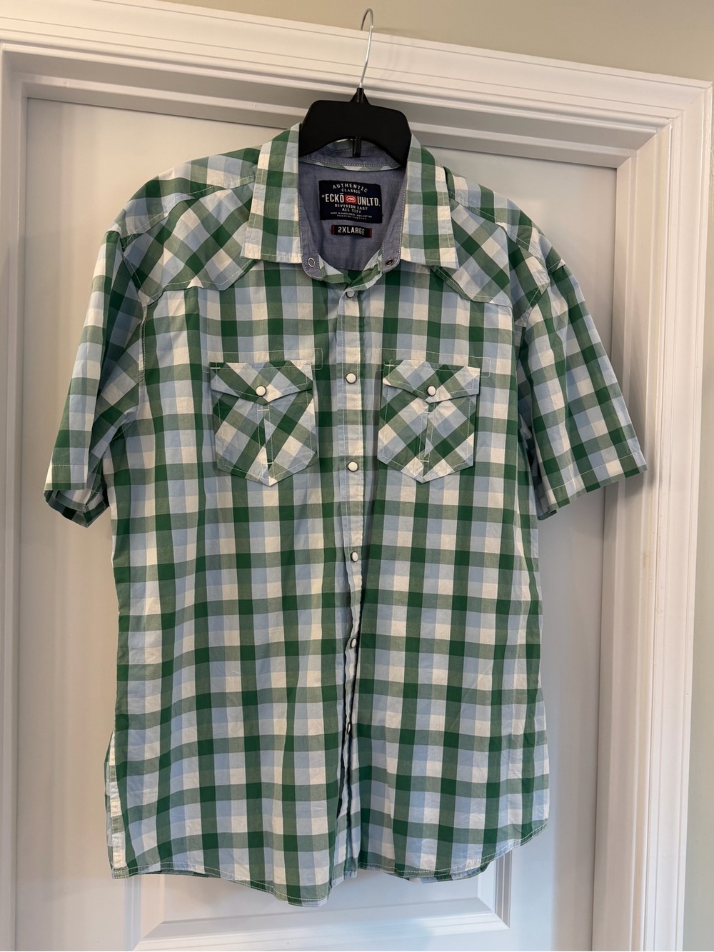 Ecko Unltd Men's 2XL Plaid Western Pearl Snap Shirt Short Sleeve Green/Blue